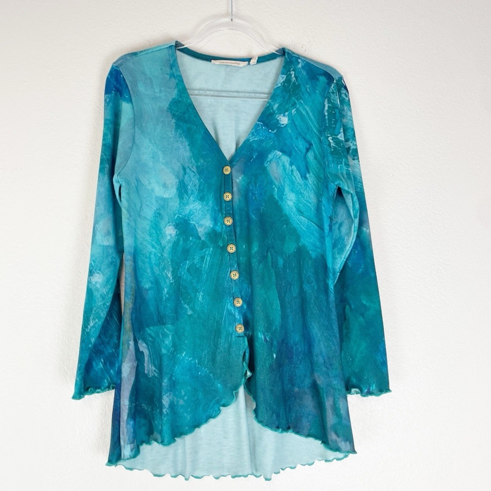 Soft Surroundings Mariposa Top Petite Medium Teal Watercolor Boho Artsy Tunic PM
